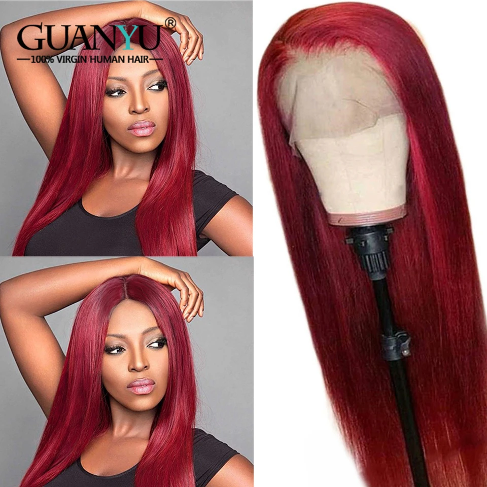 Blonde Lace Front Human Hair Wigs 13*4 Brazilian Remy Straight Ombre Honey Blonde Brown Red Burgundy Colored Wigs 150% Density - Цвет: Burgundy