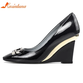 

Karinluna New Design 2020 Genuine Leather Wedges High Heels Shoes Woman Pumps Female Slip-On Metal Decoration Pumps Women Shoes