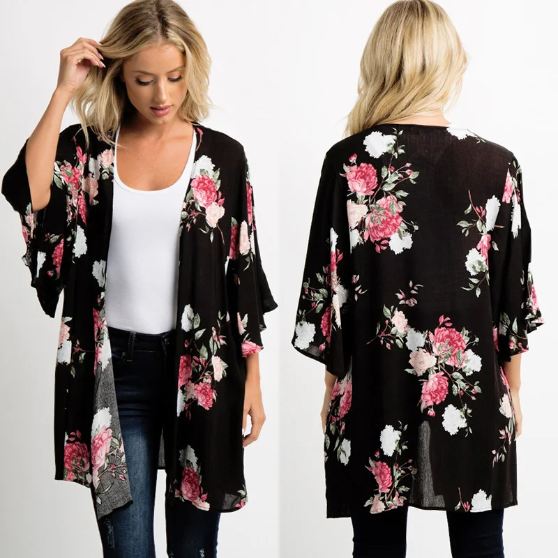 Женская шифоновая блузка Romacci в стиле бохо Пляжное кимоно с цветочным принтом