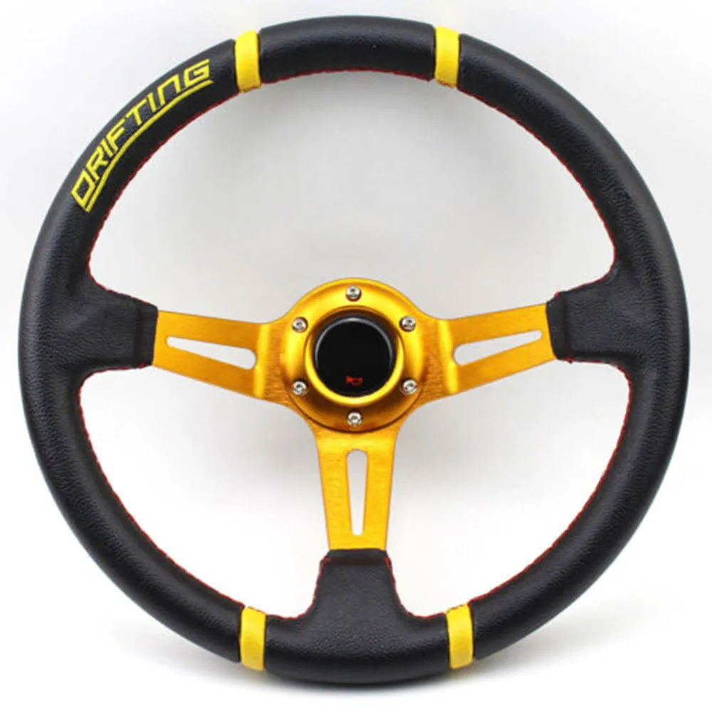 

14inch PVC Drfting Steering Wheel Gold Spoke Steering Wheel with Yellow Ring