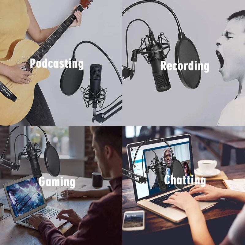 

Usb Streaming Podcast Pc Microphone Professional Studio Cardioid Condenser Mic Kit with Sound Card Boom Arm Shock Mount Filter