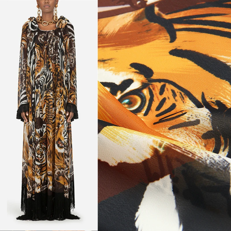 

50x145cm Tiger Printed Polyester Chiffon Fabric Cloth Material Factory Custom Dress Sewing Clothing Scarf Handmade Fabric