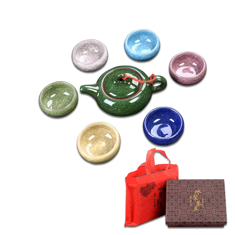 

7cs/Set +Gift Box Chinese Tea Cups Tea Pot Colorful Ice Crack Tea Set China Kongfu Tea Cup 3D Fish Teaset Porcelain Cups 55ML