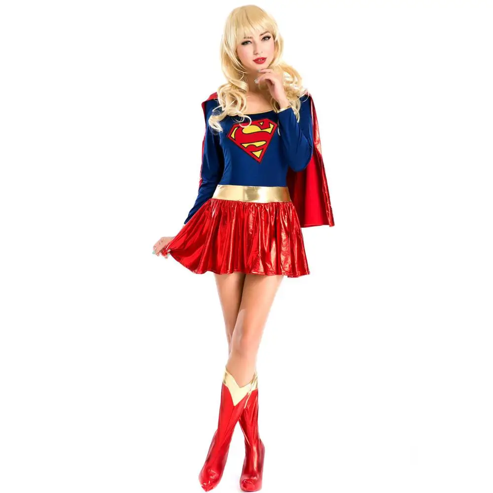 Sexy Supergirl Costume Adult Women Deluxe Shiny Metallic Supergirl Cosplay DC Comic Superhero Costu