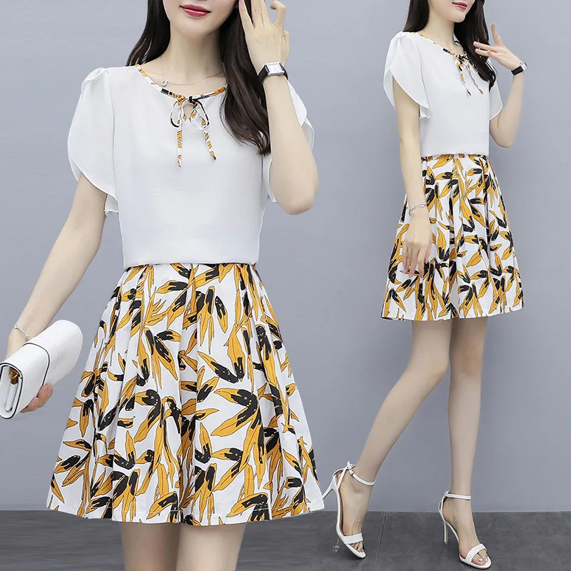 

2019 Summer Wear New Style Large Size Dress Fat Mm Cover Meat Slimming Chiffon Tops + Fashion Printed Short Skirt Two-Piece Set