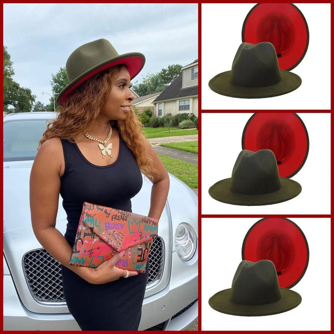 wide brim fedora mens Red Bottom Wide Brim Simple Church Derby Top Hat Panama Solid Felt Fedoras Hat for Men Women artificial wool Blend Jazz Cap blue fedora