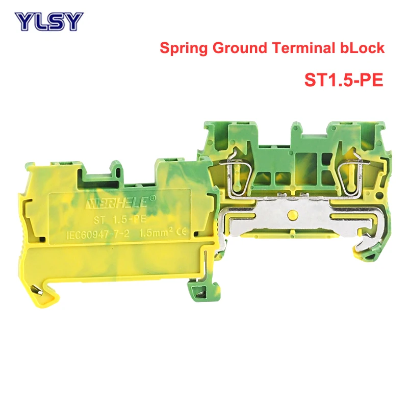 

10Pcs Spring Ground Terminal Blocks ST1.5-PE Din Rail Yellow Green Earthing Terminals Block Wire Cable Connector Bornier 1.5mm2
