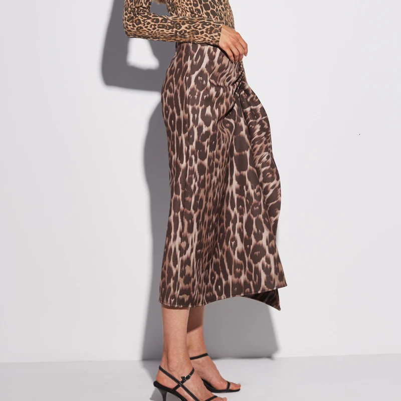 Ceny TWOTWINSTYLE asymetryczna Leopard damska spódnica wysokiej talii boczne rozcięcie Ruched nieregularne spódnice na ubrania damskie 2019 moda nowy