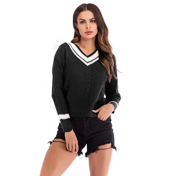 

SKTSUUC Autumn Winter 2019 Women V Neck Sweater Knitting Elegant Pullover Loose Sweater Patchwork Pullover Feminino