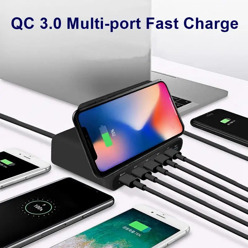 Universal 7-In-1 Wireless Charger Qc 3.0 Quick Charge 5 Usb Ports Type C Charging Dock Station Stand For Iphone Galaxy Xiaomi Sm