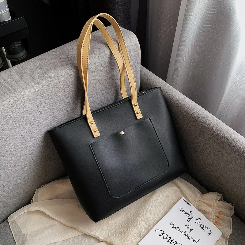 

Large Capacity Bag Women's 2019 New Style Portable Shoulder Bag INS College Style Pu Retro Fashion Tote Bag