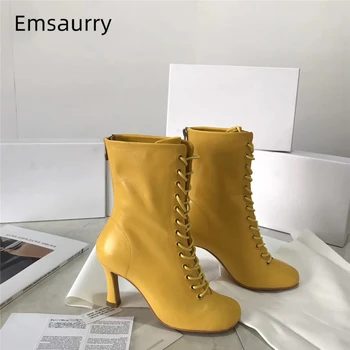 

Sexy Cross-tied Ankle Boots Women Round Toe Thin Heels Candy Color Genuine Leather Autumn Winter Short Boots Woman