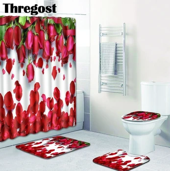 

Thregost Floral Printed Bath Rug Set Toilet Carpet Set 3pcs with Shower Curtain Washroom Mat Carpet Flannel Water Absorbent Mats