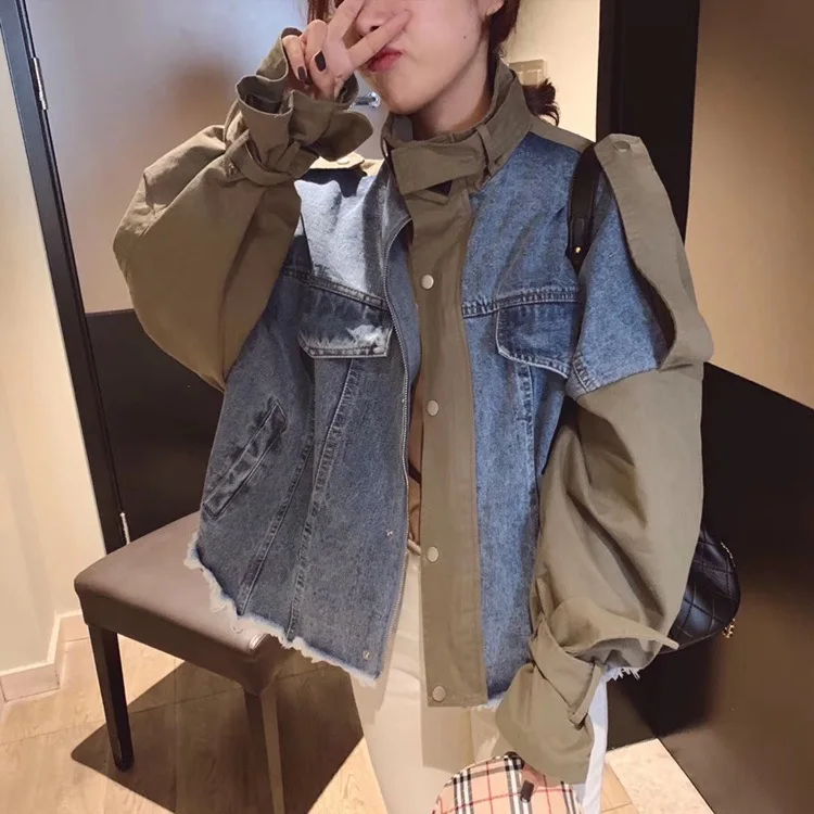 

Joint Jeans Coat Women's Spring And Autumn Popular Brand Cool Beggar Broken Burr Street Hip Hop Loose Retro Hong Kong Style Kore