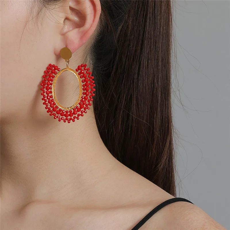 JUJIA 2020 New Ethnic Geometric Pendant Earrings Beaded Drop Earrings Unique Design Resin Acrylic Hanging Dangle Earring Brincos