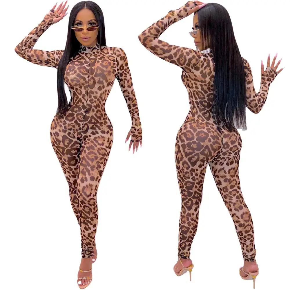 

Fashion autumn new long-sleeved leopard print tight-fitting jumpsuit cross-border 2019