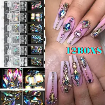 

3D AB Diamond Gems Nail Glitter Rhinestone Glass 12 Grids Crystal Charms Nail Art Decorations DIY Tips Shiny Gems Accessories