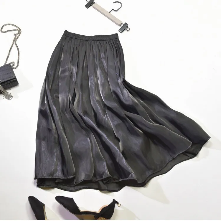 

Pleated Stain Midi Silk Skirt Women Summer Maxi Satin Silk Skirt Office Lady Elegant High-Waisted Skirts