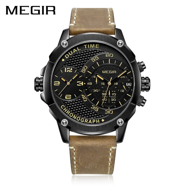 MEGIR New Design Waterproof Sports Quartz Watch Fashion Luxury Army Military Watches Men Dual Time Zone Clock Relogio Masculino Black