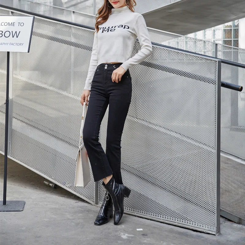 Autumn and winter women's jeans casual solid color high waist stretch slim flared jeans