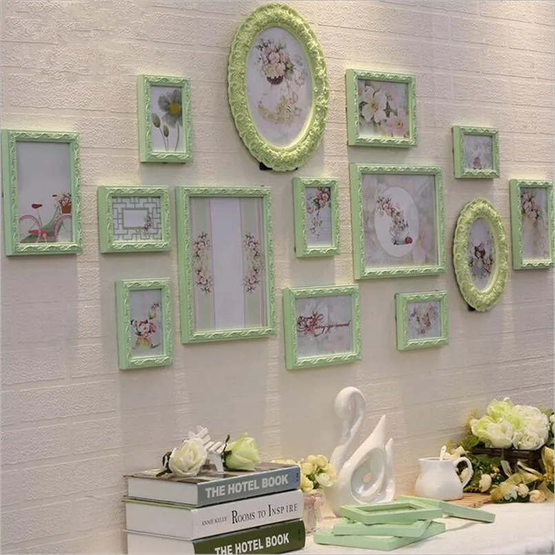 

14pcs/set Photo Frame For Living Room Background Light Green Picture Frame Pastoral Style Family Photo Frame DIY Gift Wall Decor