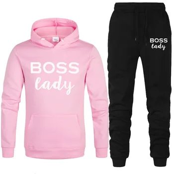 

New Tracksuit Men set boss lady Print Hooded Sweatshirts set Fleece Hoodies Sportswear Set Sweatpants Hoodies Men's 2 piece set