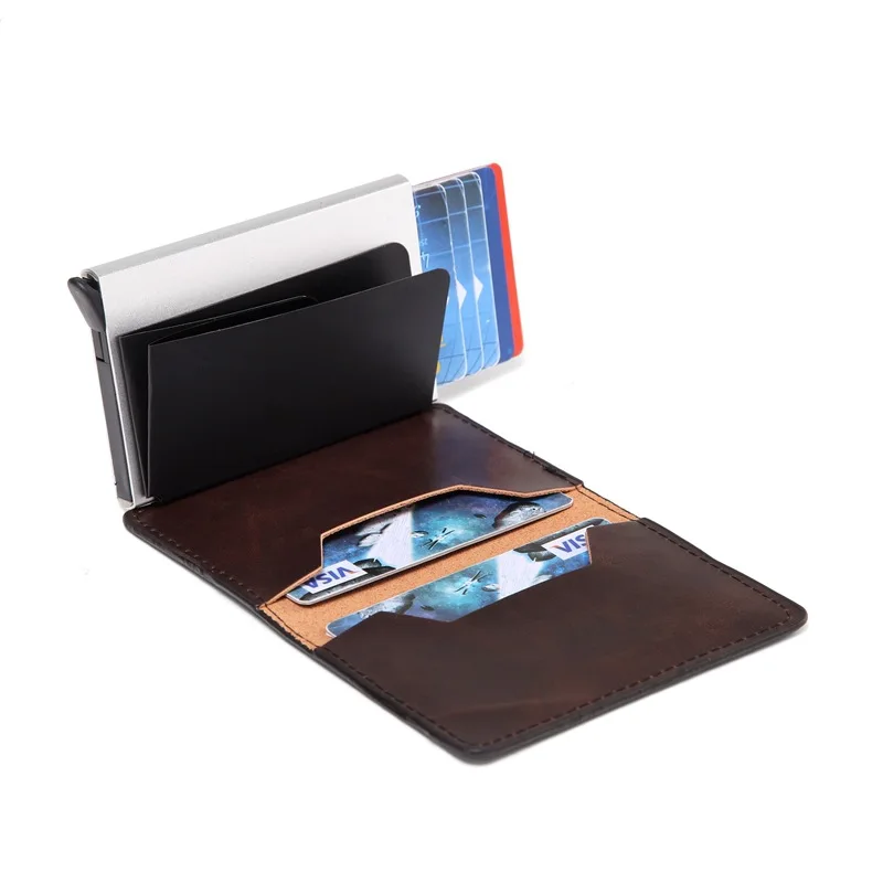 Мужской металлический кошелек RFID двойной алюминиевый кошелек кожаный кредитный держатель для карт автоматический всплывающий Противоугонный кошелек Бизнес ID держатель для карт