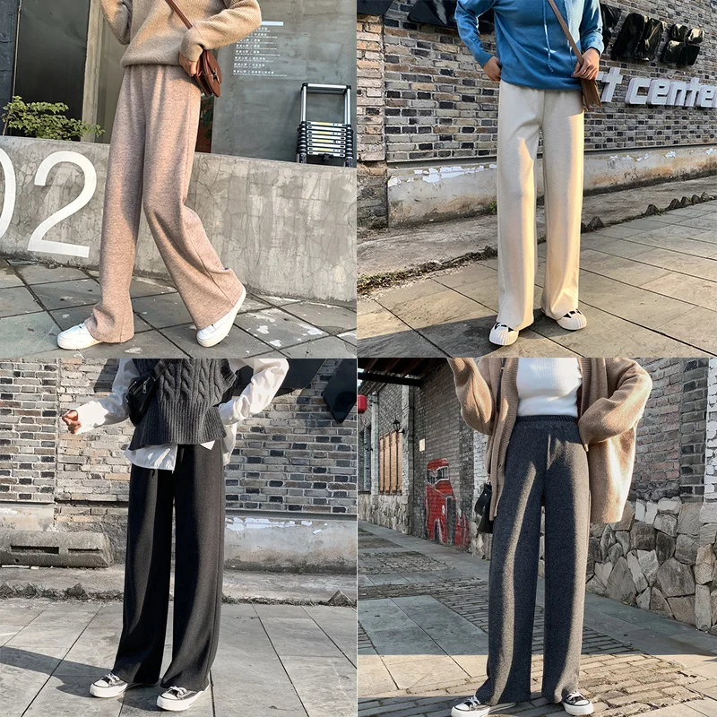 

Winter Knitted Trousers Women High Waist Thick Solid And Elastic Wool Pants High Elastic