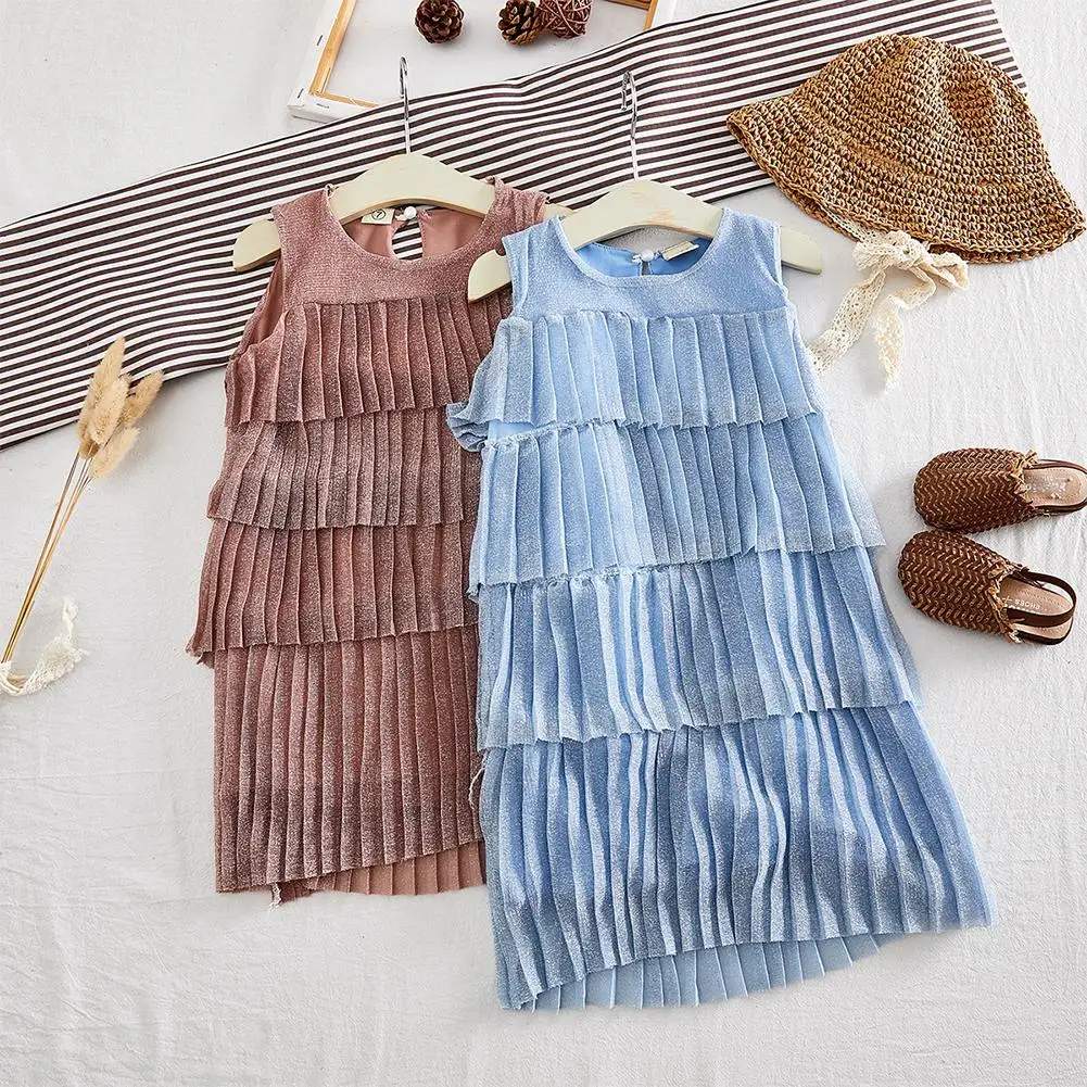 

Kid Girl Tulle Princess Dress Pleated Multi-layer Solid Color Sleeveless Summer Sundress for 3-8 Years Girl Casual Dress