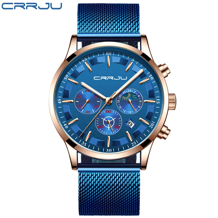 Blue Rose Blue Relogio Masculino CRRJU мужские часы для роскошного бренда Бизнес стали Кварцевые часы повседневные водонепроницаемые мужские наручные часы хронограф - Цвет: Blue Rose Blue