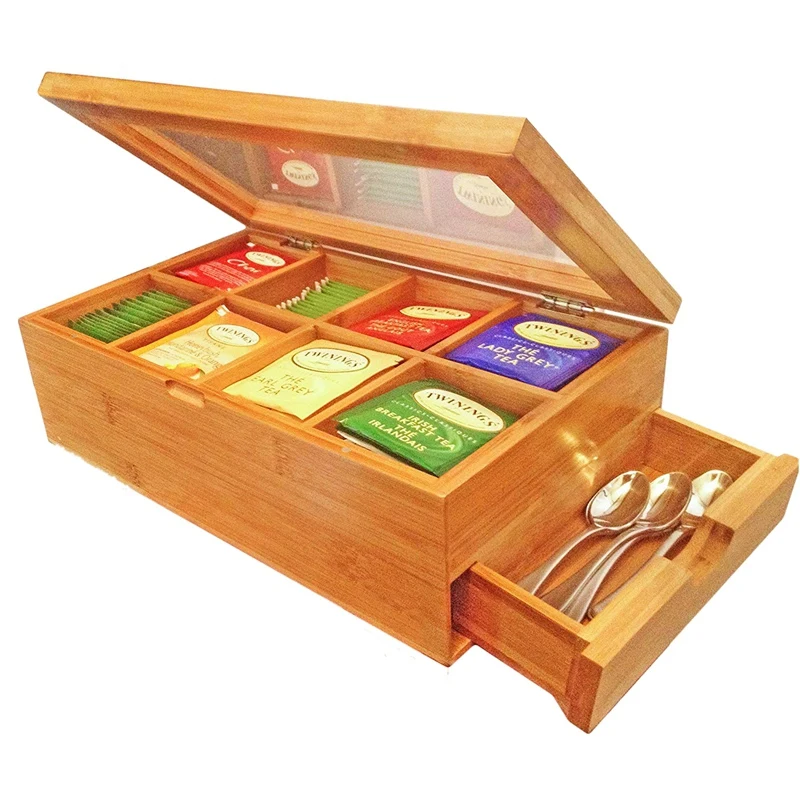 TOP!-Tea Box Natural Chest with Clear Hinged Lid, 8 Storage Sections with Expandable Drawer