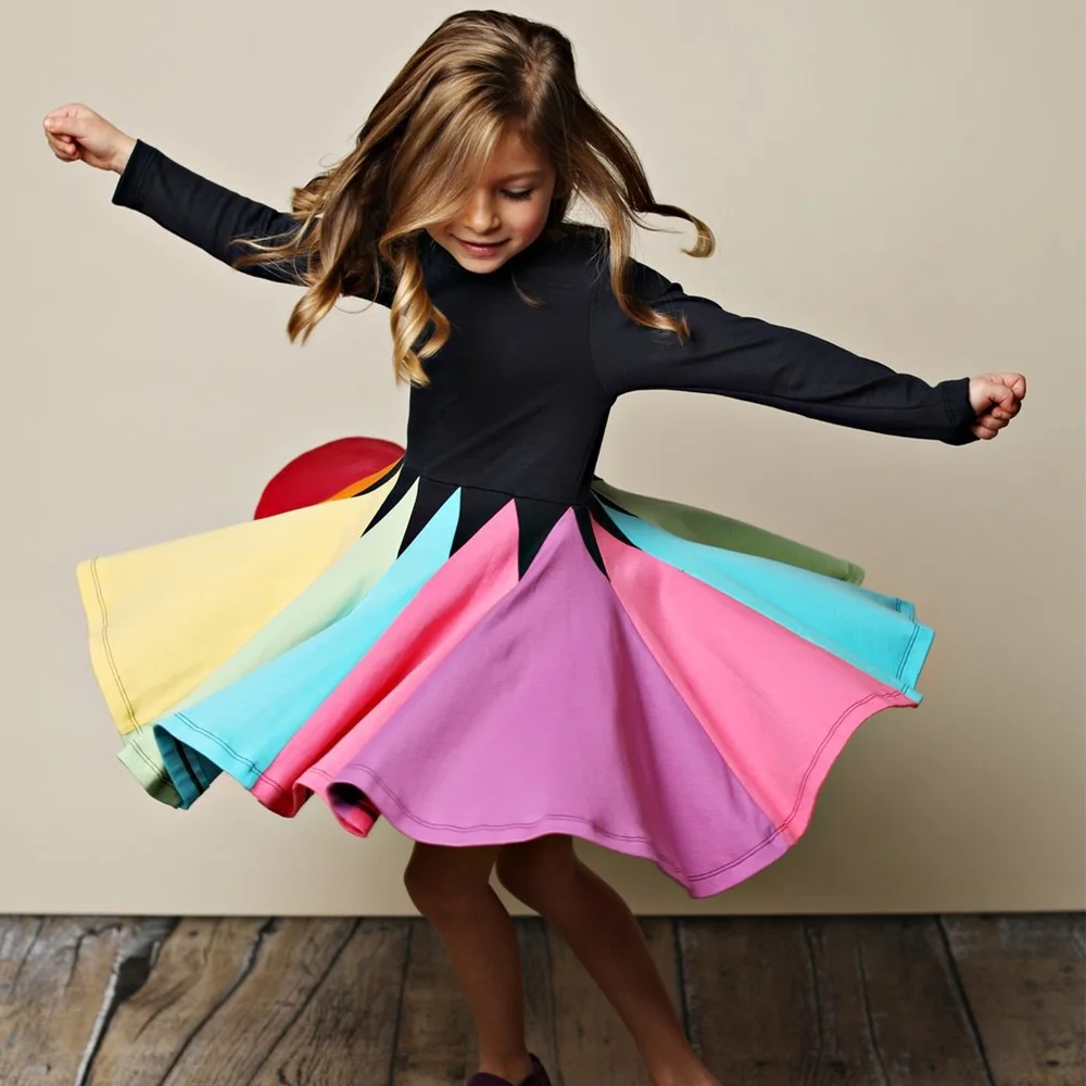 Party-Dresses Rainbow Long-Sleeve Baby-Girl Kids Princess Winter Cotton Cute New-Fashion