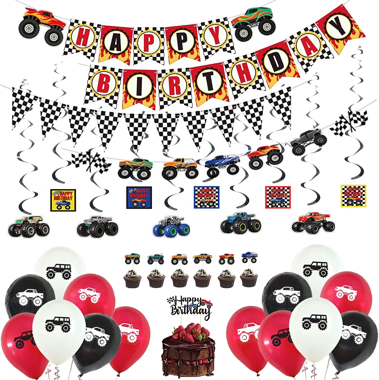 

Monster Truck Party Supplies, Happy Birthday Banners, Cake Toppers, Hanging Swirl Ornament Sets and Colorful Latex Balloons