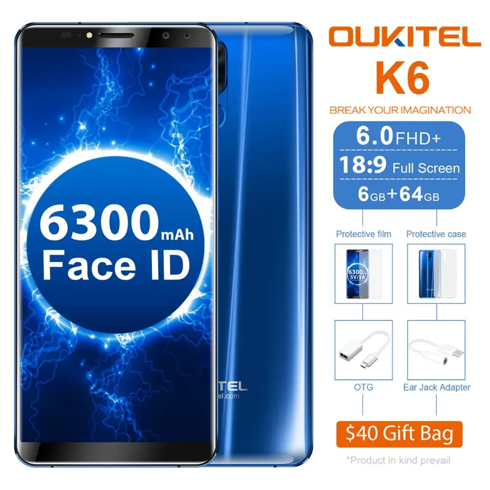 Смартфон Oukitel K6 Face ID, 6300 мАч, 6,0 дюйма, 18:9 FHD+ MTK6763, 6 ГБ ОЗУ, 64 Гб ПЗУ, 5 В/3 А, быстрая зарядка, 4 камеры, мобильный телефон