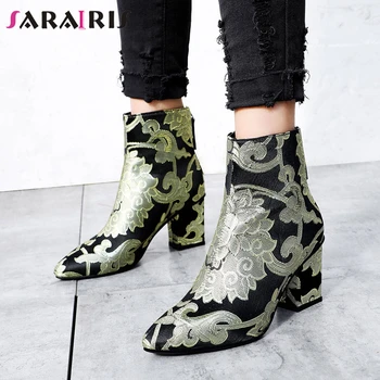 

SARAIRIS New Comfort Silk Booties Ladies Party Fashion Flower Appliques Ankle Boots Women 2020 High Heels Shoes Woman