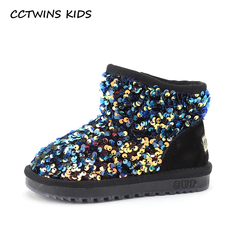 CCTWINS Kids Shoes Winter Girls Fashion Sequin Snow Boots Children Black Sparkly Short Boot for Toddler Glitter Shoe SNB095