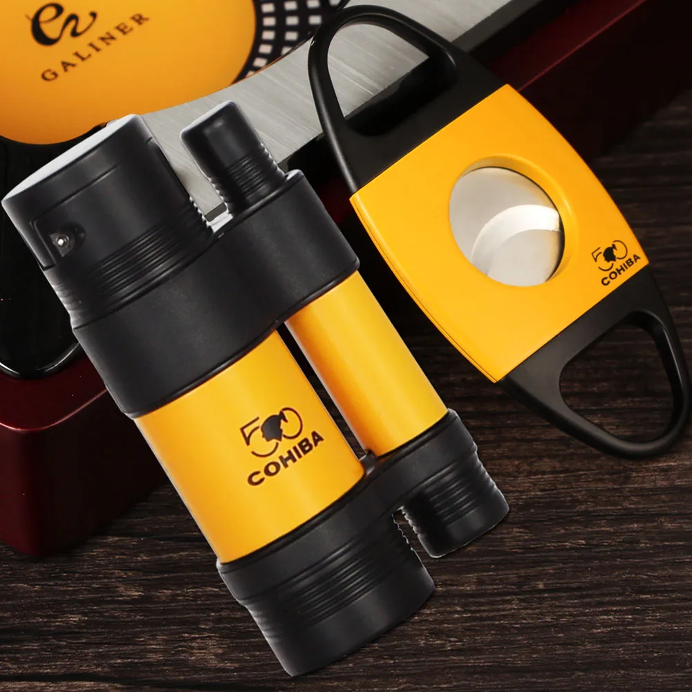 

COHIBA Cigar Set Porable Pocket Cigar Lighter 3 Torch Gasoline Lighters Metal Cigar Cutter Knife Tobacco Lighter And Cutter