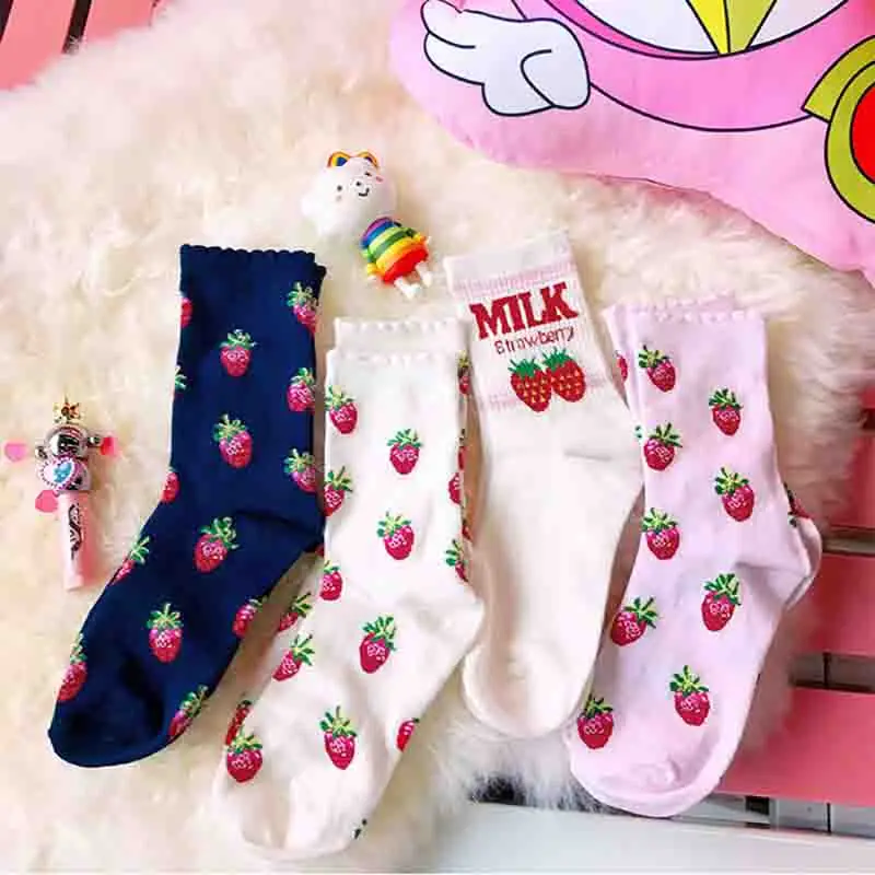 Корейские милые носки с изображением клубники для женщин Harajuku длинные хлопковые носки Femme уличная одежда забавные носки Calcetines Mujer