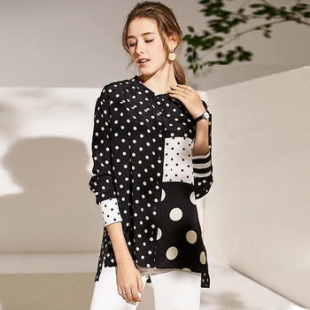 

Blouse Women Shirt 100% Silk Fabric Women Polka Dot Blouse Patchwork Printed Elegant Design Stand Neck Long Sleeve Fashion