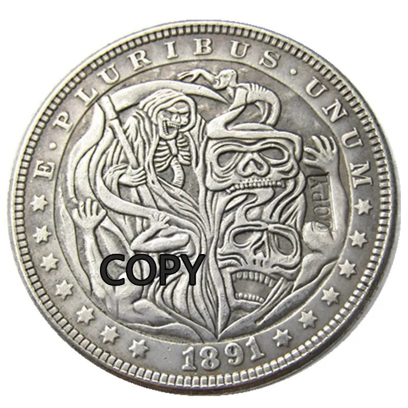 

HB(68)US Hobo 1891 Morgan Dollar Skull Zombie Skeleton Hand Carved Creative Copy Coins