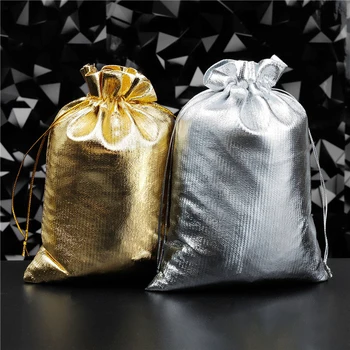 

100pcs 9 Size Drawstring Silver Gold Shining Metallic Foil Organza Bag Jewelry Packing Drawstring Pouches Wedding Gift Bag