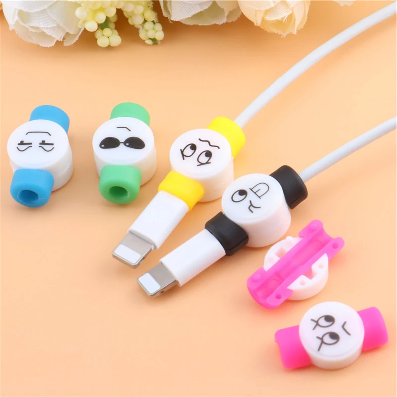 

Funny Emoticon Cable Protector 2PCS Anti-break For iPhone 6s 78 Plus USB Charging Cable Silicone Bobbin winder Cute Data Line Cord Protector Phone Accessories