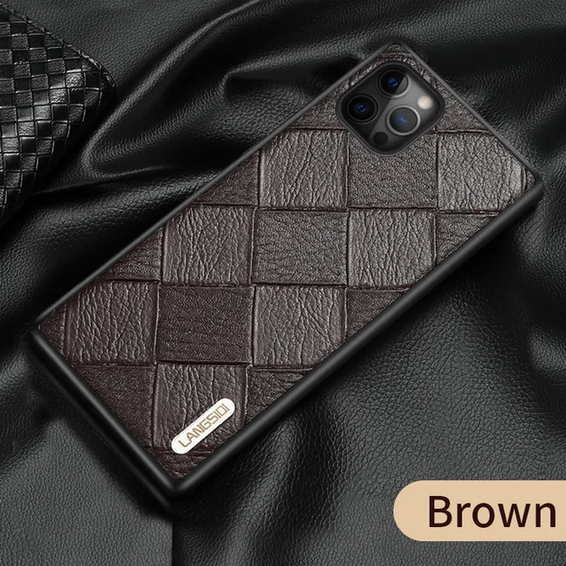 LANGSIDI Leather case For Iphone 12 pro max 11 Square embossing back cover For iphone 12 pro 12 max xr xs max 7 8 plus fundas Dark Brown