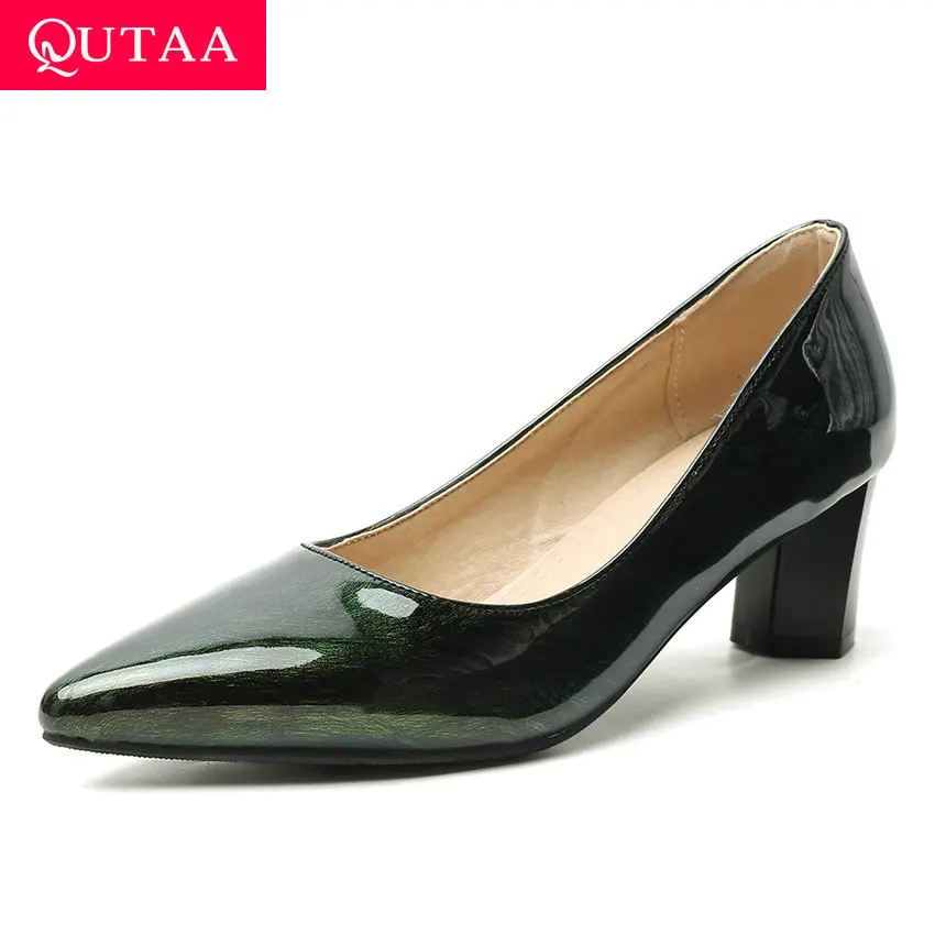 

QUTAA 2020 Fashion Square Heel Shallow Single Shoes PU Patent Leather Ladies Pumps Spring Autumn Slip on Women Shoes Size 34-43