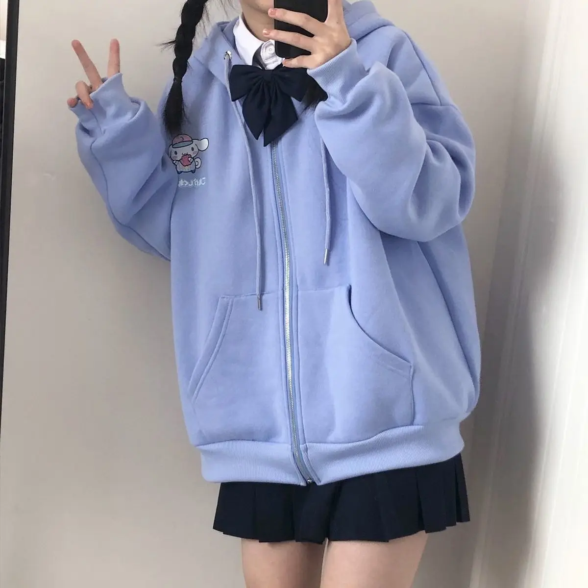 Anime Print Hoodie Women Long Sleeve Cute Print Plus Velvet Sweatshirt women Winter Kawaii Fashion Zip Up Hoodie Women