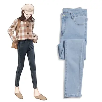 

Autumn New Models Two Cuffs Worn Jeans Female Casual Trousers Pencil Pants Jeans Woman High Waist Jeans K4