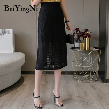 

Beiyingni Vintage Package Hip Penci Skirt Summer High Waist Slim Elastic Elegant Hollow Out Woman Skirts Black Sexy Office Falda