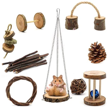 

Pet Toys, 9 Pieces of Natural Wooden Squirrel Hamster Chewing Toy Accessories Dumbbell Fitness Ball Roller Care