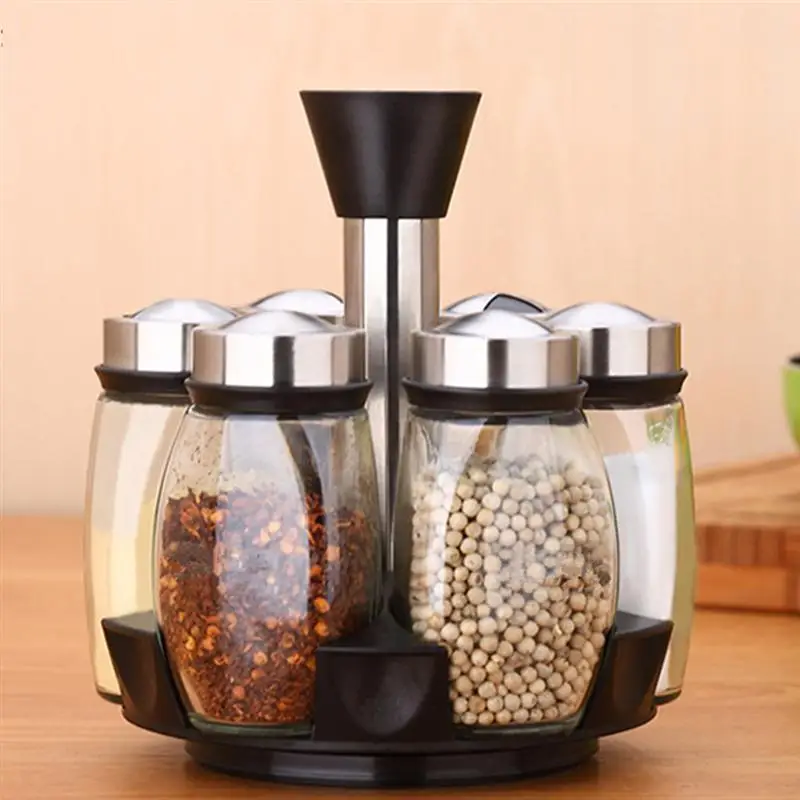 

7Pcs/Set Rotating Glass Cruet Condiment Spice Jars Set Pepper&Salt Shakers Seasoning Box Sprays Kitchen Storage Rack