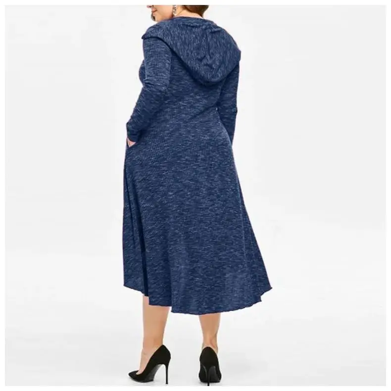 4XL 5XL осенне-зимнее Повседневное платье большого размера с длинным рукавом модное платье с v-образным вырезом и карманами с несимметричным капюшоном Повседневное платье на молнии